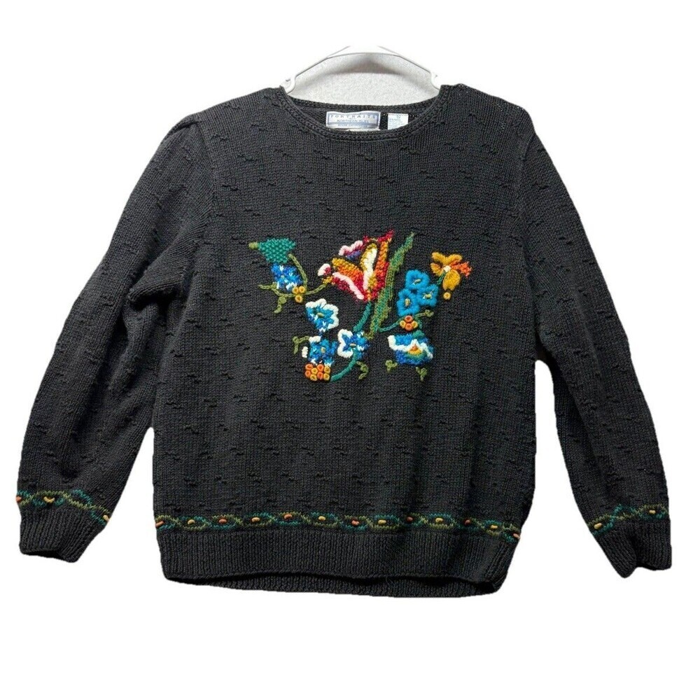 Vintage Portraits by Northern Isles Sweater Floral XL Cottage Chunky Knit Black